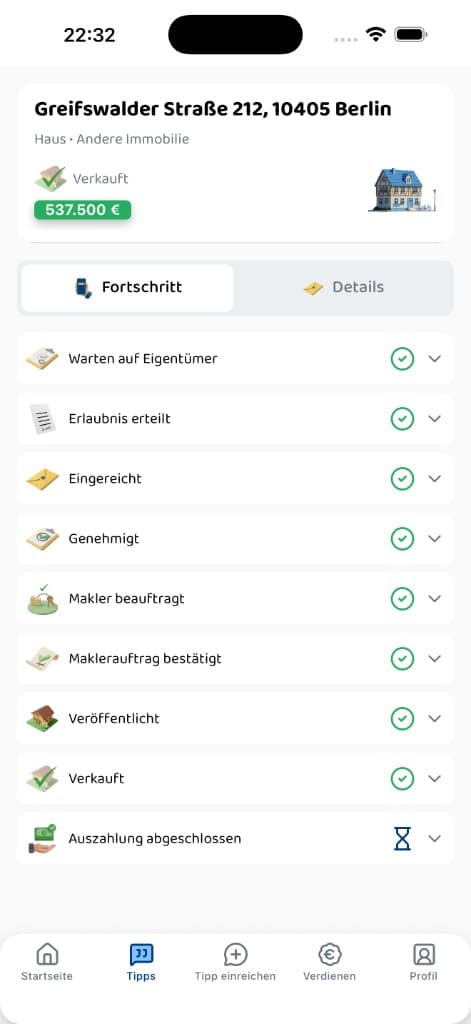 ImmoTell® Status-Tracker Bildschirm